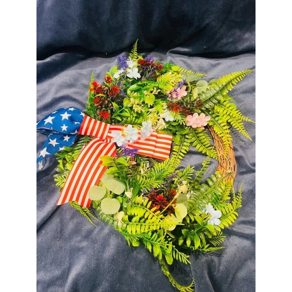 Patriotic Floral Wreath with American Flag Bow – Red White & Blue Door Decor